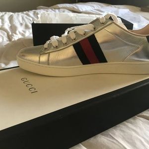 GUCCI- Ace Metallic Leather Web Sneakers - NEW